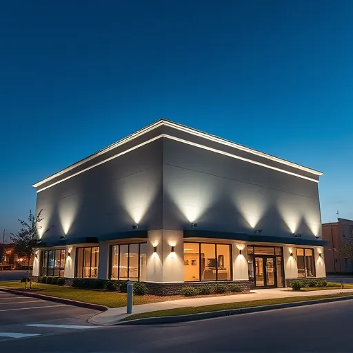Completed LED lighting installation highlights modern Southlake commercial building with sleek façade and landscape in evening light