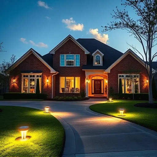 Professionally installed outdoor lighting illuminates a landscaped driveway of a stylish brick home in Aledo, TX.