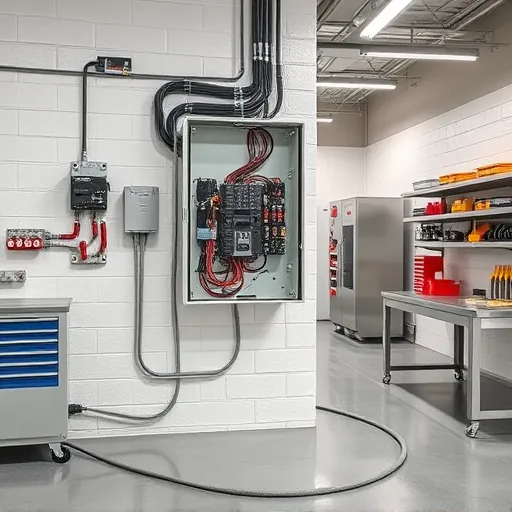 Close-up of a neatly organized electrical panel and wiring in a clean well-lit utility room with industrial decor and professional tools