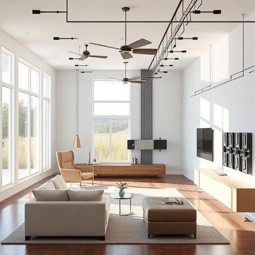 Completed electrical installation in Benbrook TX featuring modern lighting, organized panels, and sleek wiring in a bright living room.