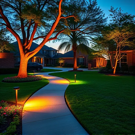 Completed outdoor landscape lighting in Kennedale TX highlighting LED pathway lights, lush lawn, mature trees, and modern homes at dusk