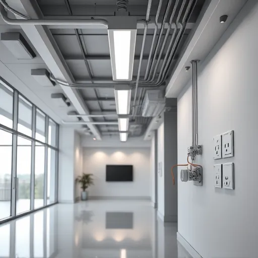 Modern electrical installation in a sleek Roanoke office with stylish wiring, LED lighting, and minimalist design.