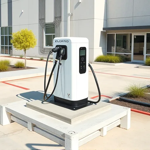 Electric vehicle charger mounted on a concrete pad with organized wiring in a commercial modern setting