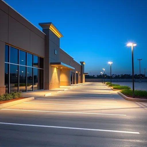 Completed commercial LED lighting installation in Trophy Club TX illuminating parking lot and building facade at dusk