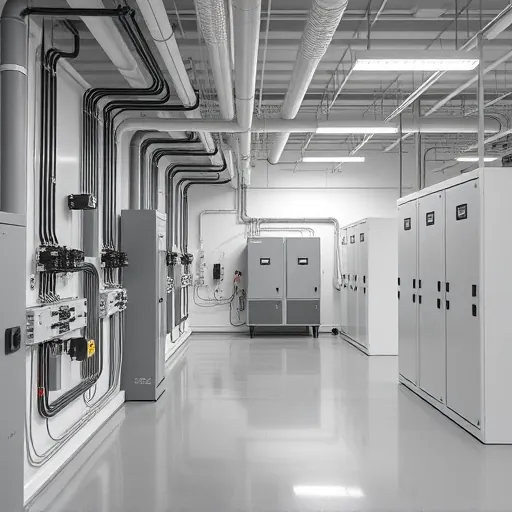 Completed electrical installation in modern Grand Prairie TX space featuring organized panels, cables, and LED lighting.