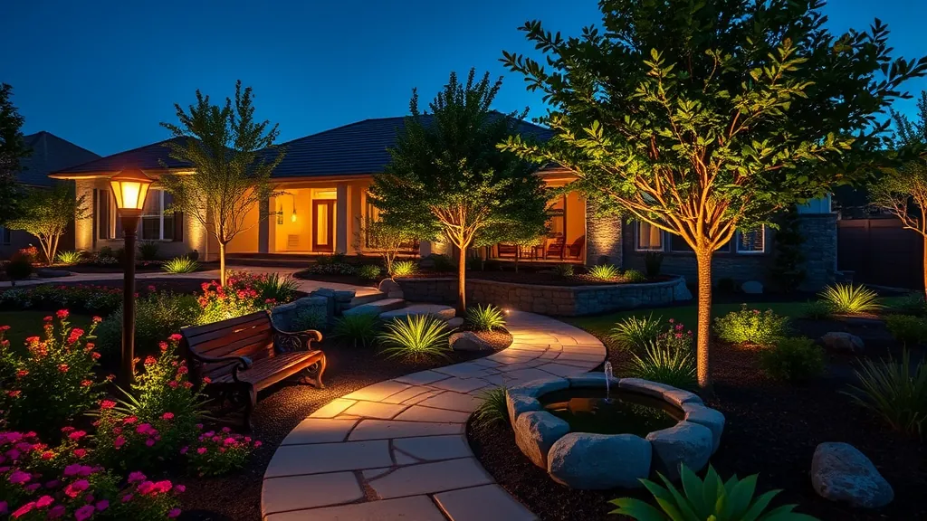 Outdoor lighting installation in Fort Worth TX showcasing a modern backyard with warm patio illumination, lush landscaping, and stylish exterior fixtures.