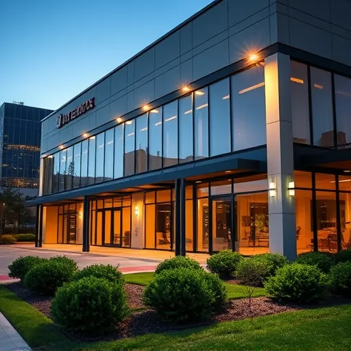 Professionally lit commercial building in Fort Worth Texas with modern design, LED fixtures, and inviting dusk ambiance.