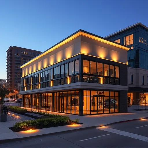 Completed lighting installation in Fort Worth TX highlighting a modern building's architecture with warm glowing LED fixtures.