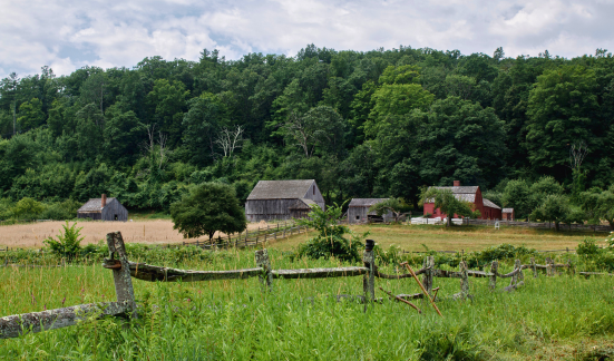 A scenic landscape iew of a farmhouse, barn, rustic fence, and grass, hay, and trees