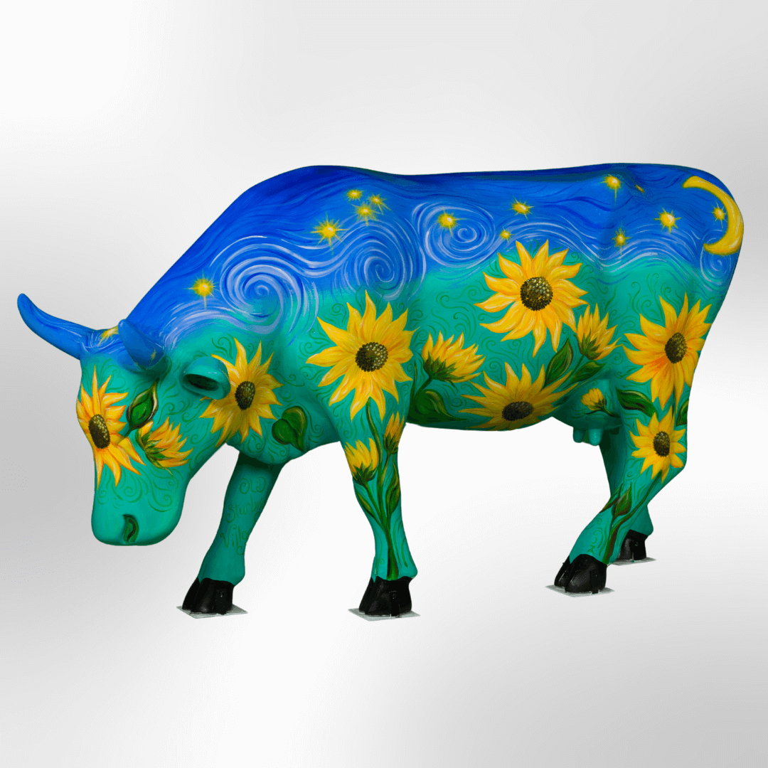 A cow painted in the style of Van Gogh's Starry Night with sunflowers blooming under the stars