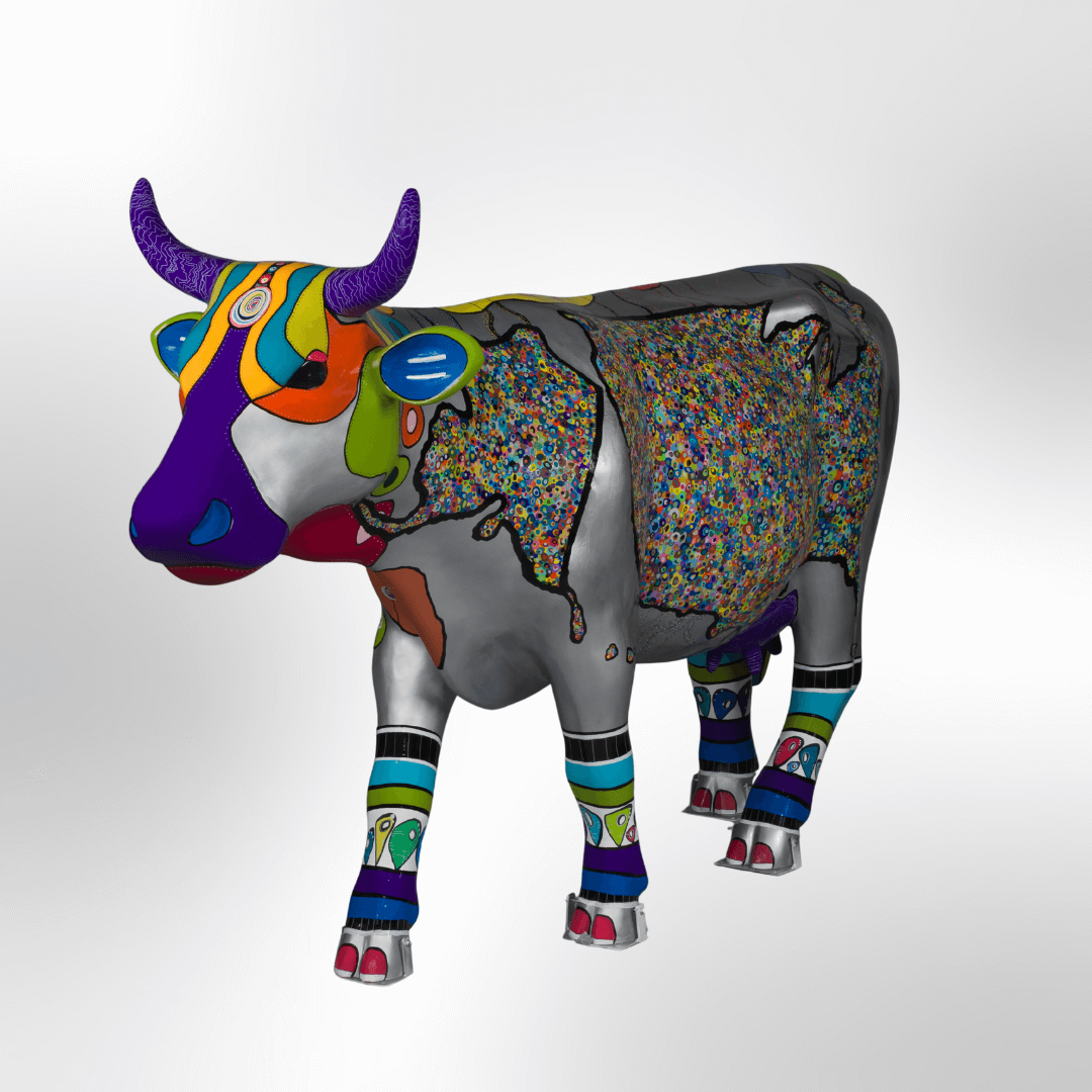 A cow covered with a colorful sillouette of the United States