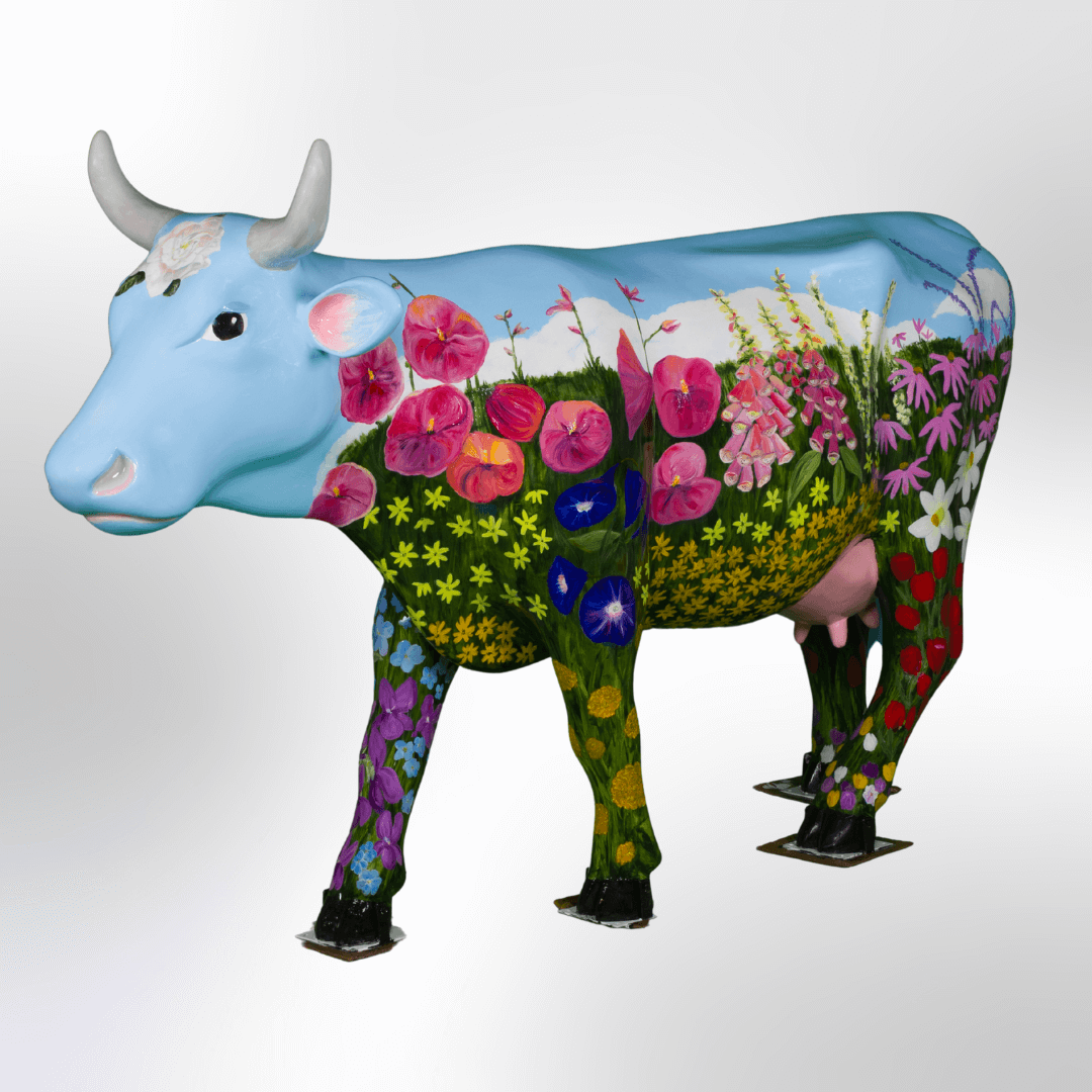 A cow covered in different flowers like hollyhocks and purple coneflower