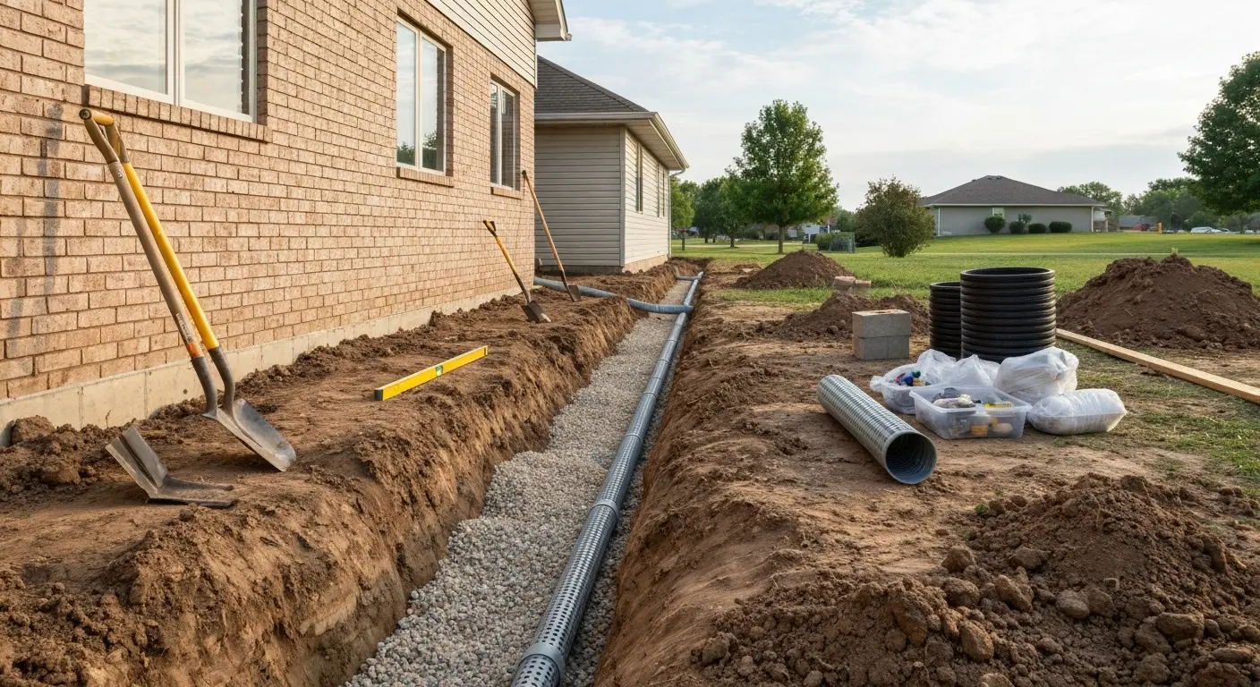 Drainage trench installation for foundation protection