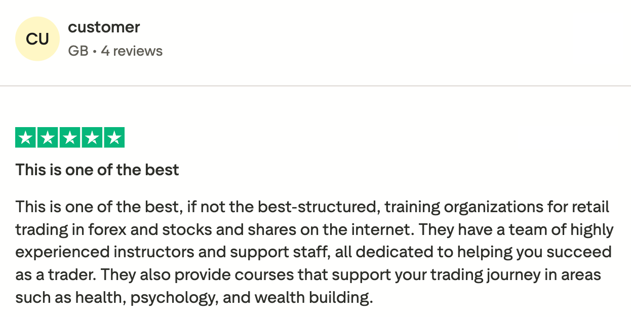 Trustpilot review from a student