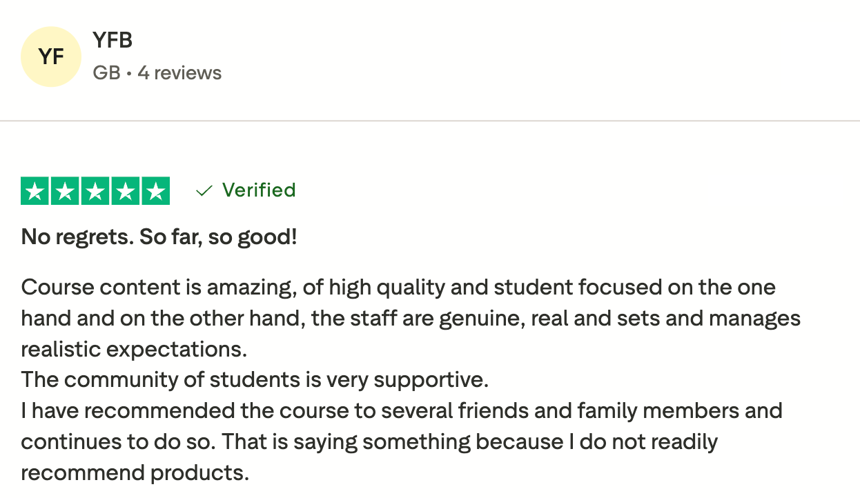 Trustpilot review from a student