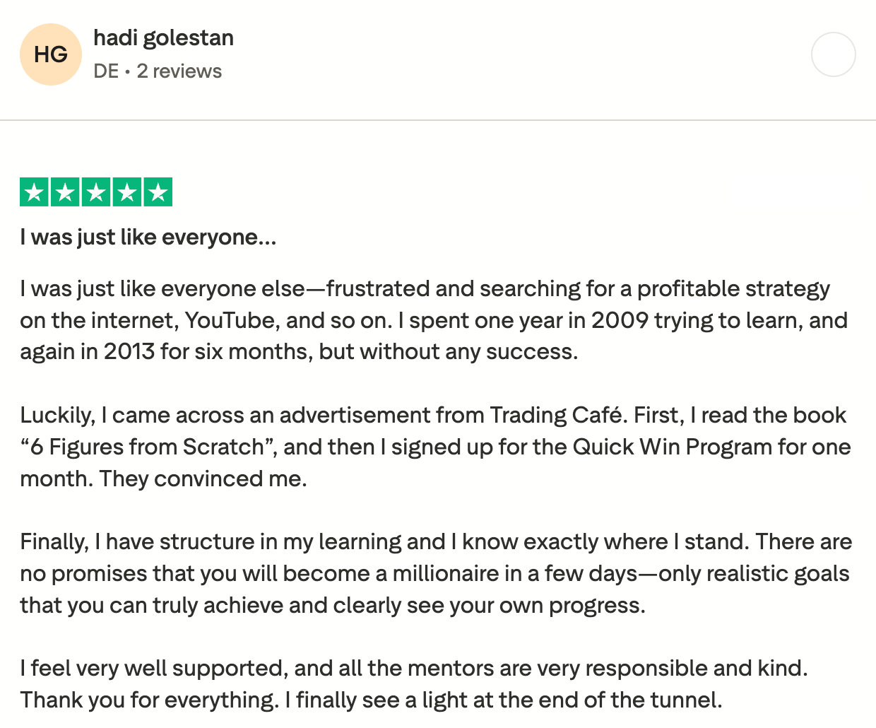 Trustpilot review from a student