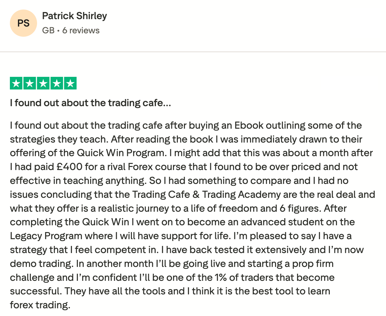 Trustpilot review from a student