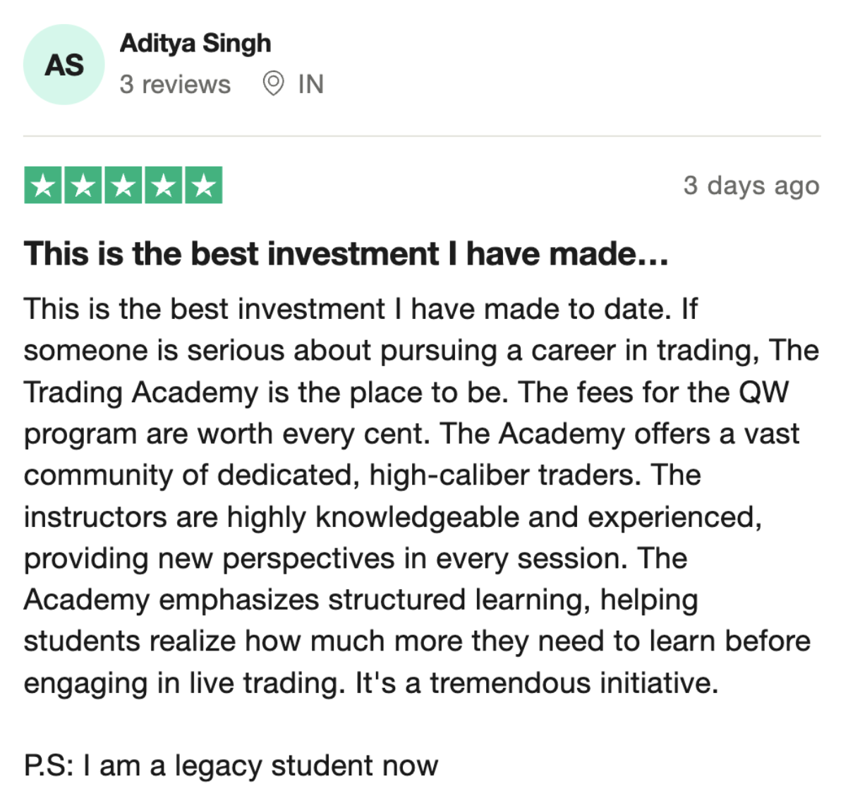 Trustpilot review from a student