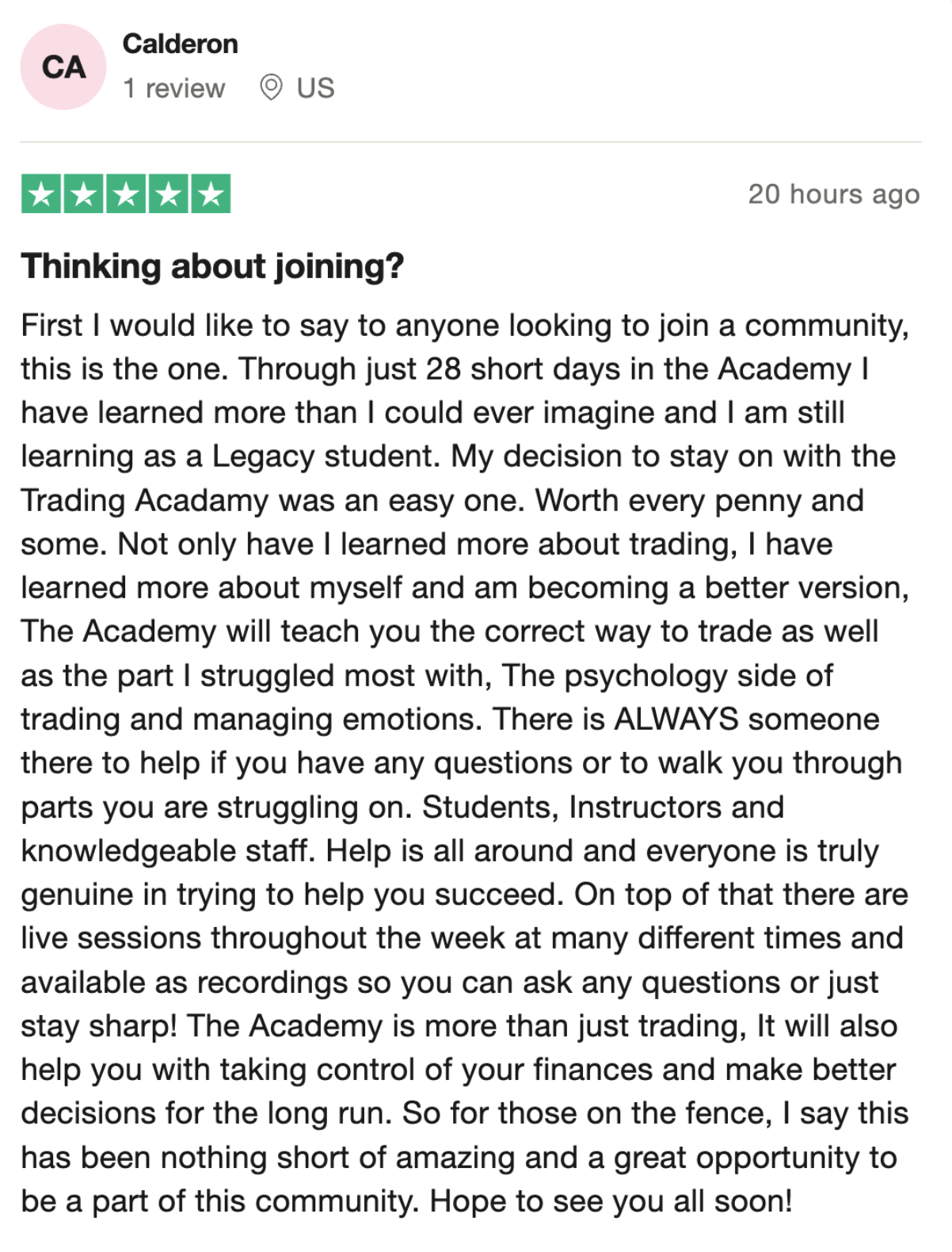 Trustpilot review from a student