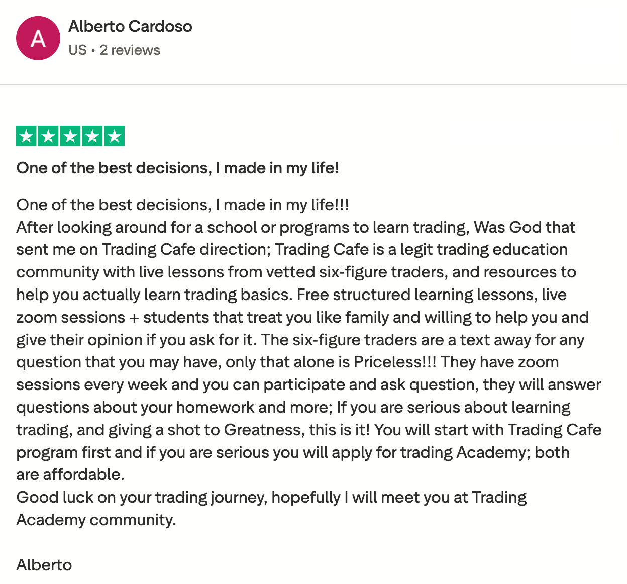 Trustpilot review from a student