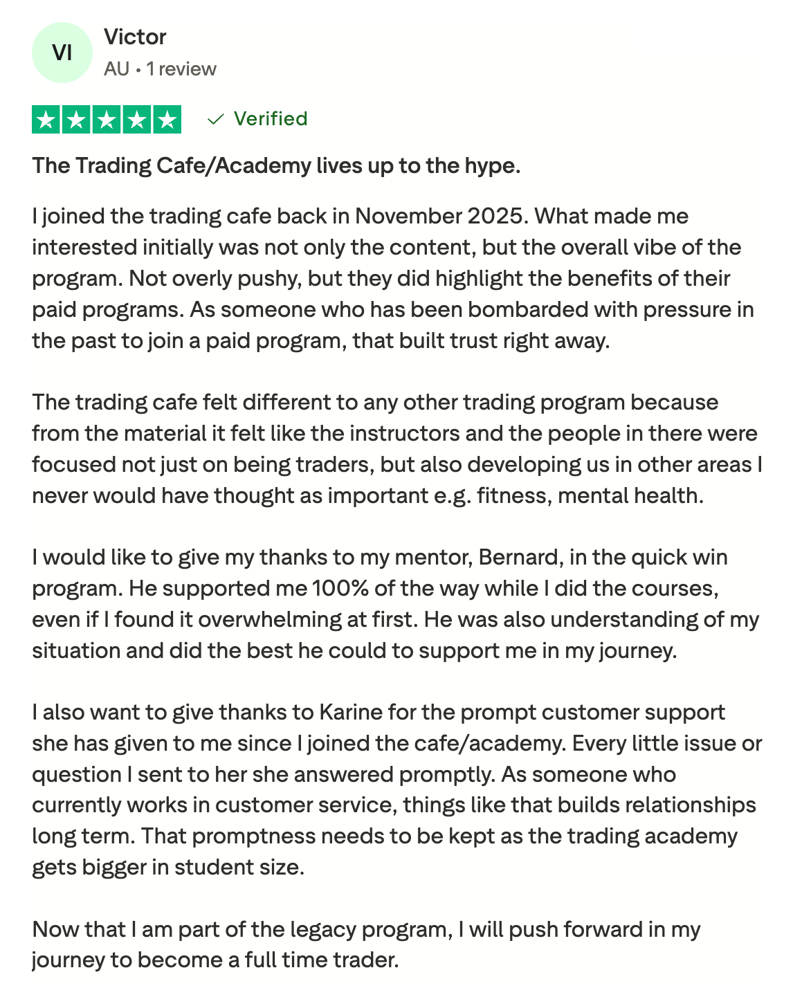 Trustpilot review from a student