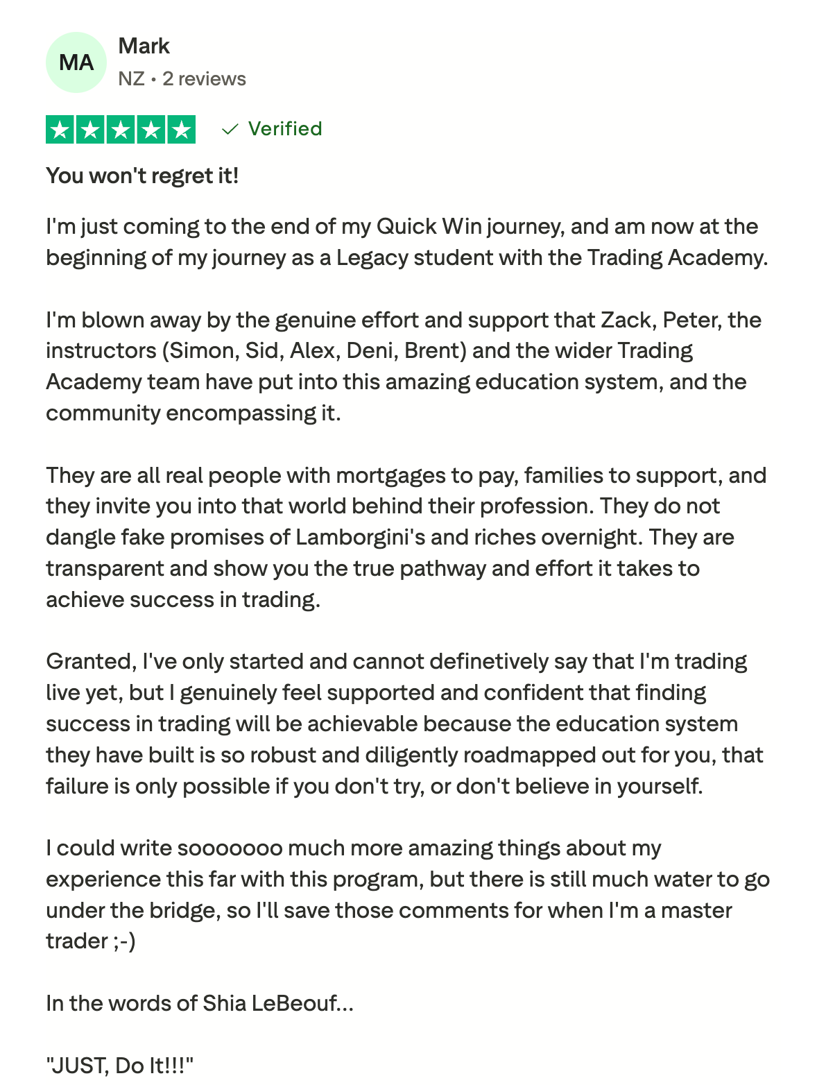 Trustpilot review from a student