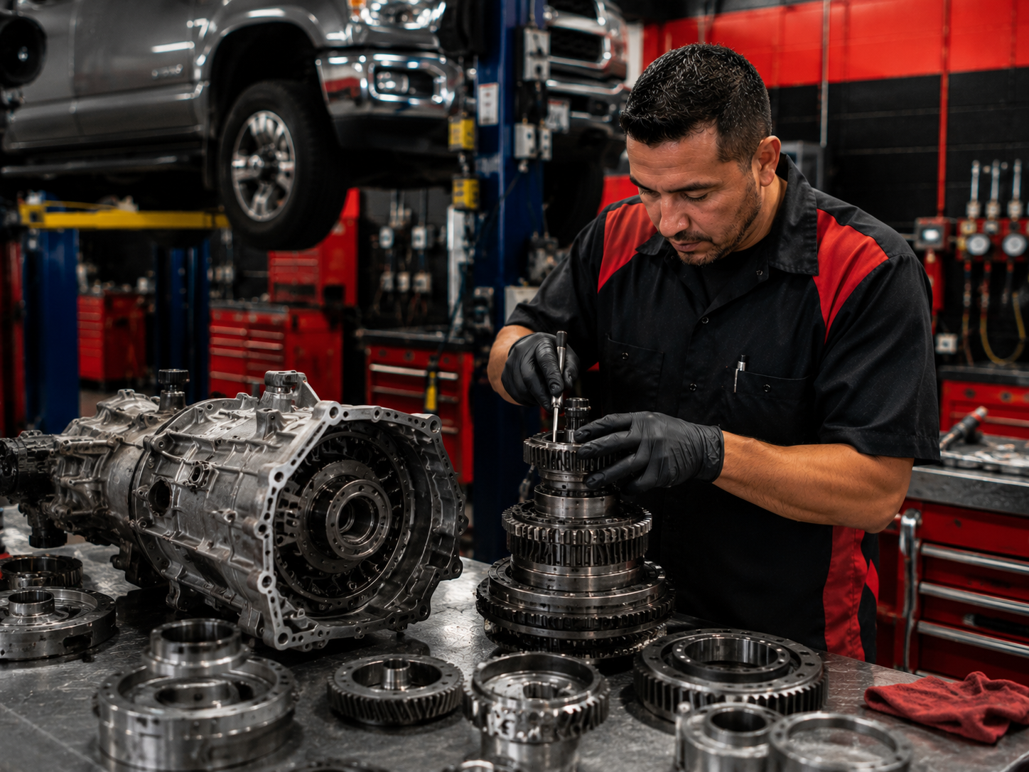 Transmission technician inspecting transmission components during repair in Palmdale California
