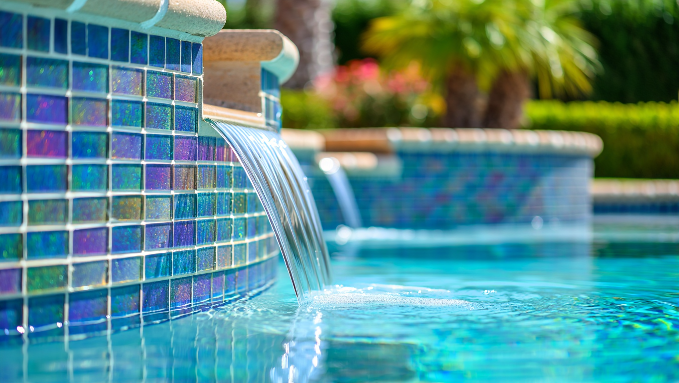 Close-up of premium glass tile and stone coping detail