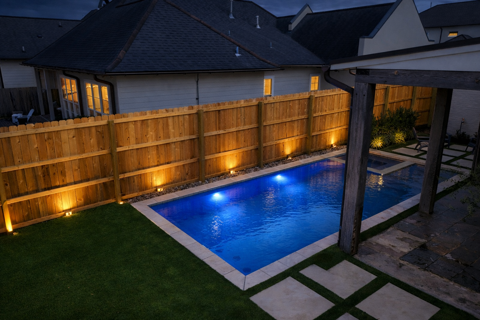 LED lighting and water features in modernized pool