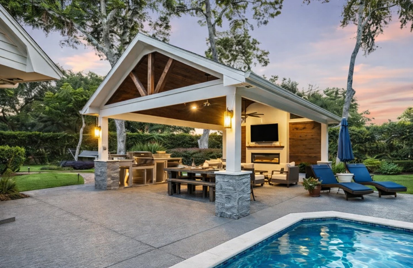 Covered patio with ceiling structure, fans and comfortable seating area