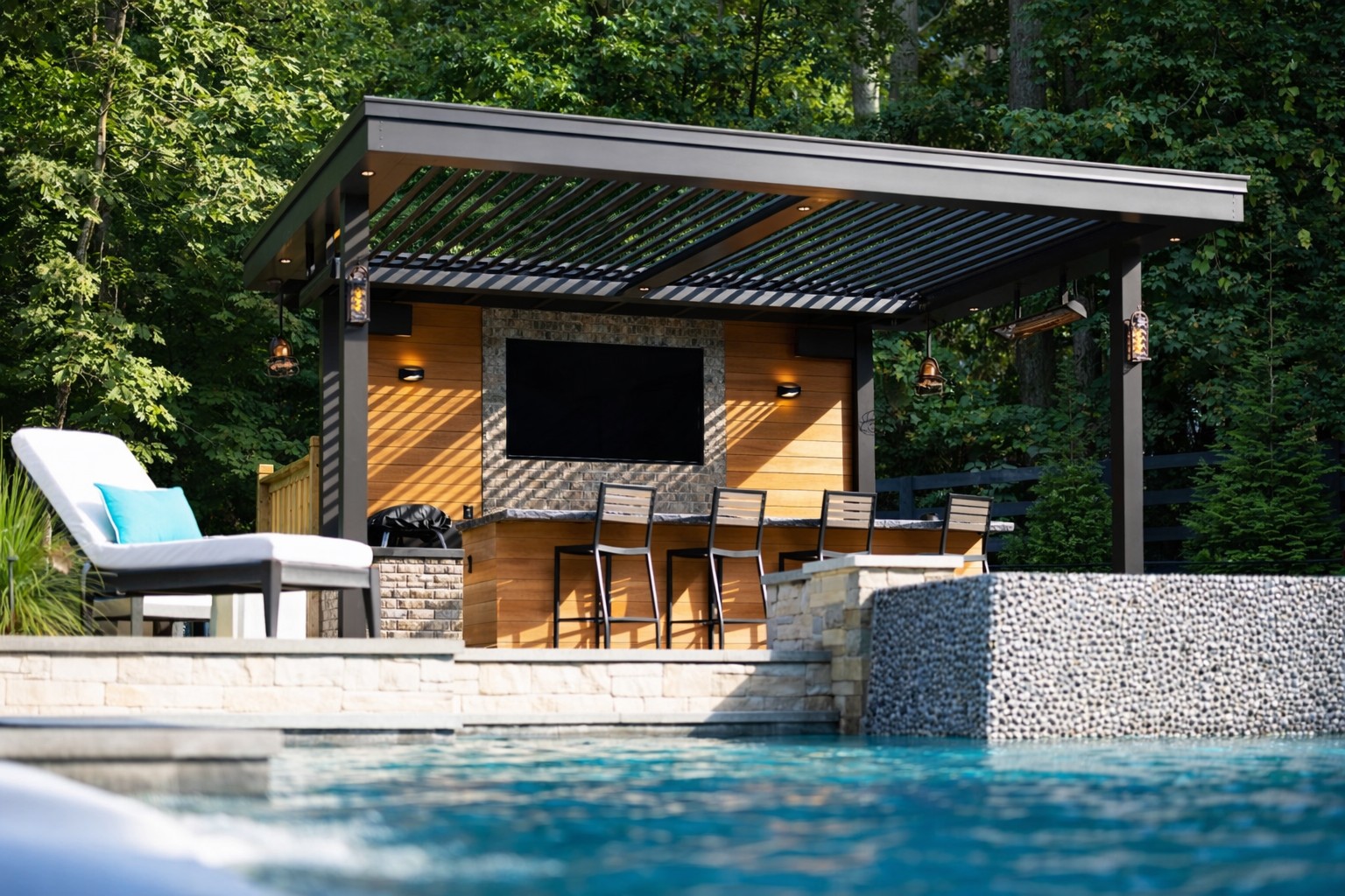 Pergola with seating underneath and pool in background