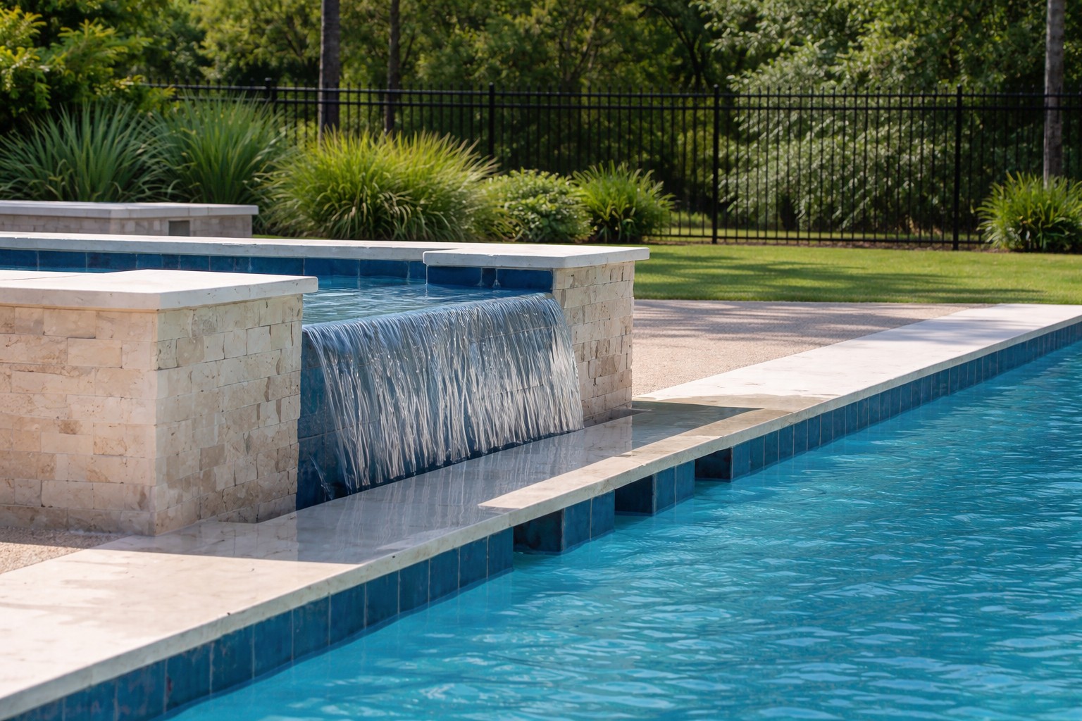 Raised spa with spillover cascading into pool