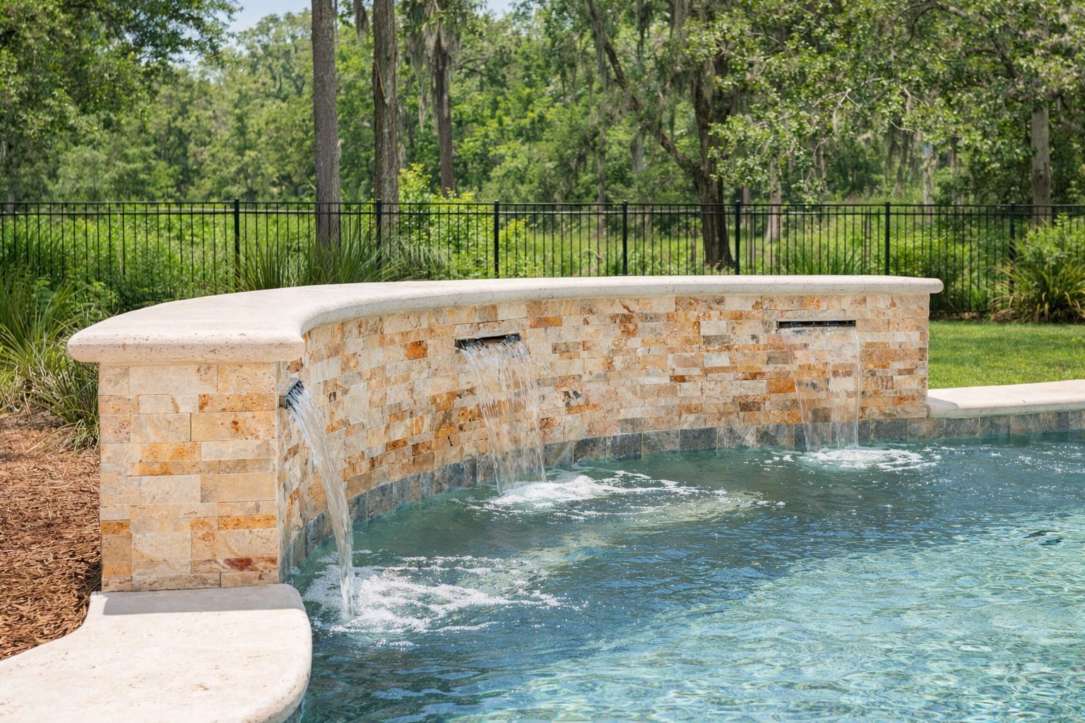Sheer descent waterfall flowing into luxury pool