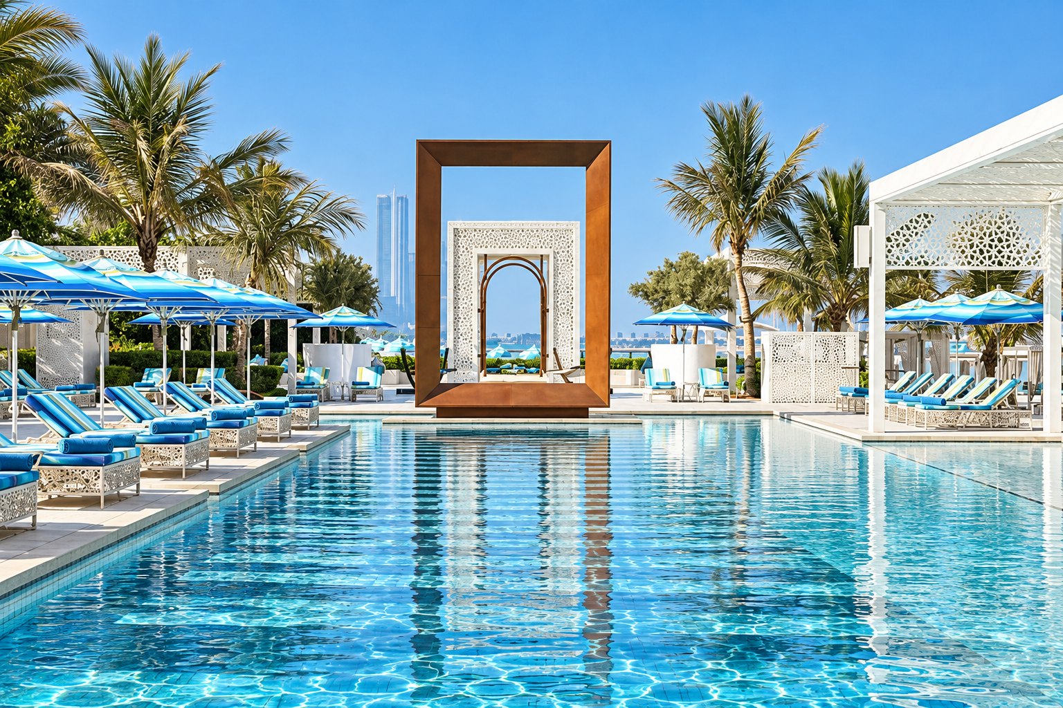 A beach club pool on the Palm with palm trees, striped umbrellas and a framed arch