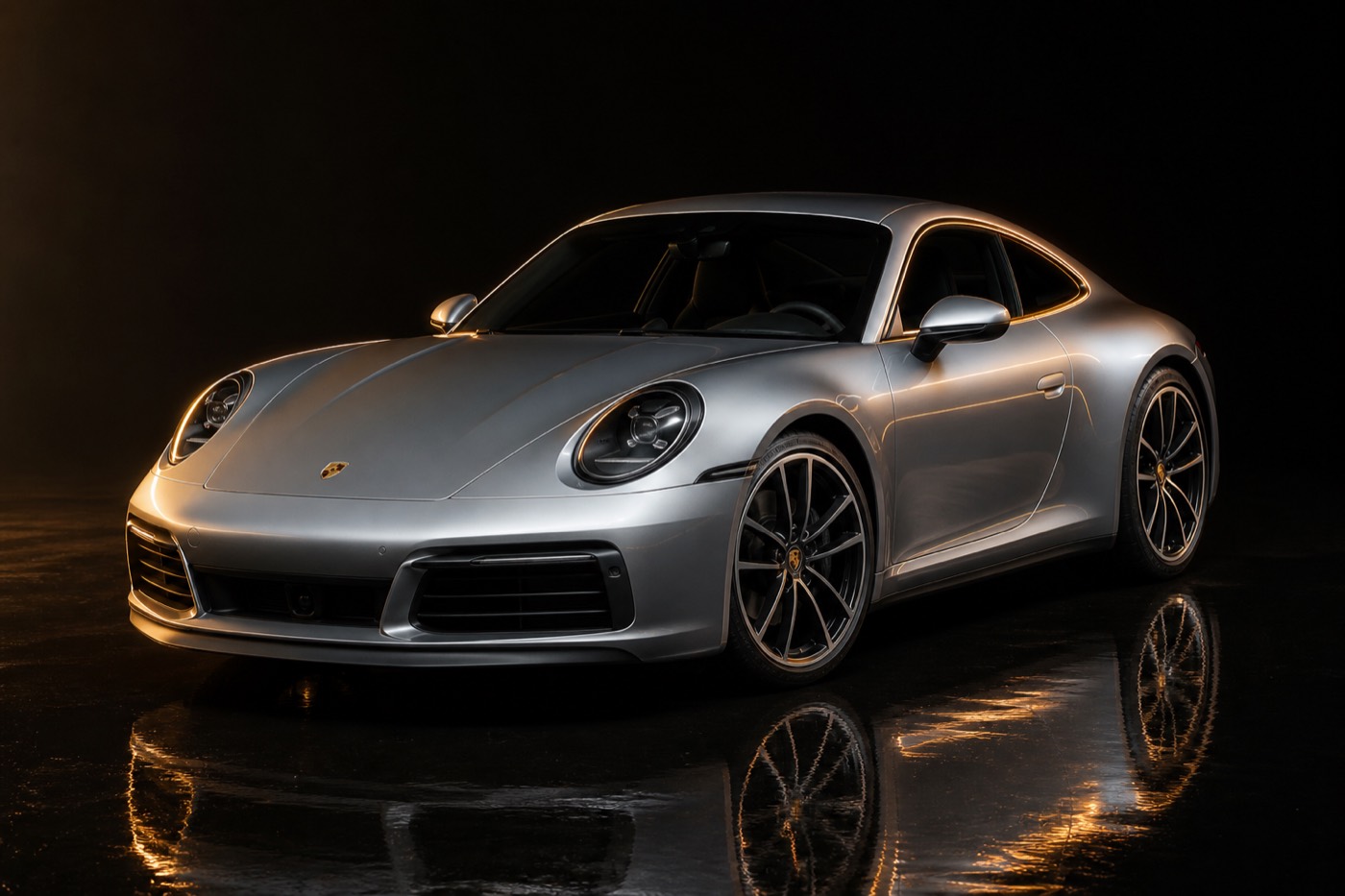 911 Carrera in a black studio with gold rim light