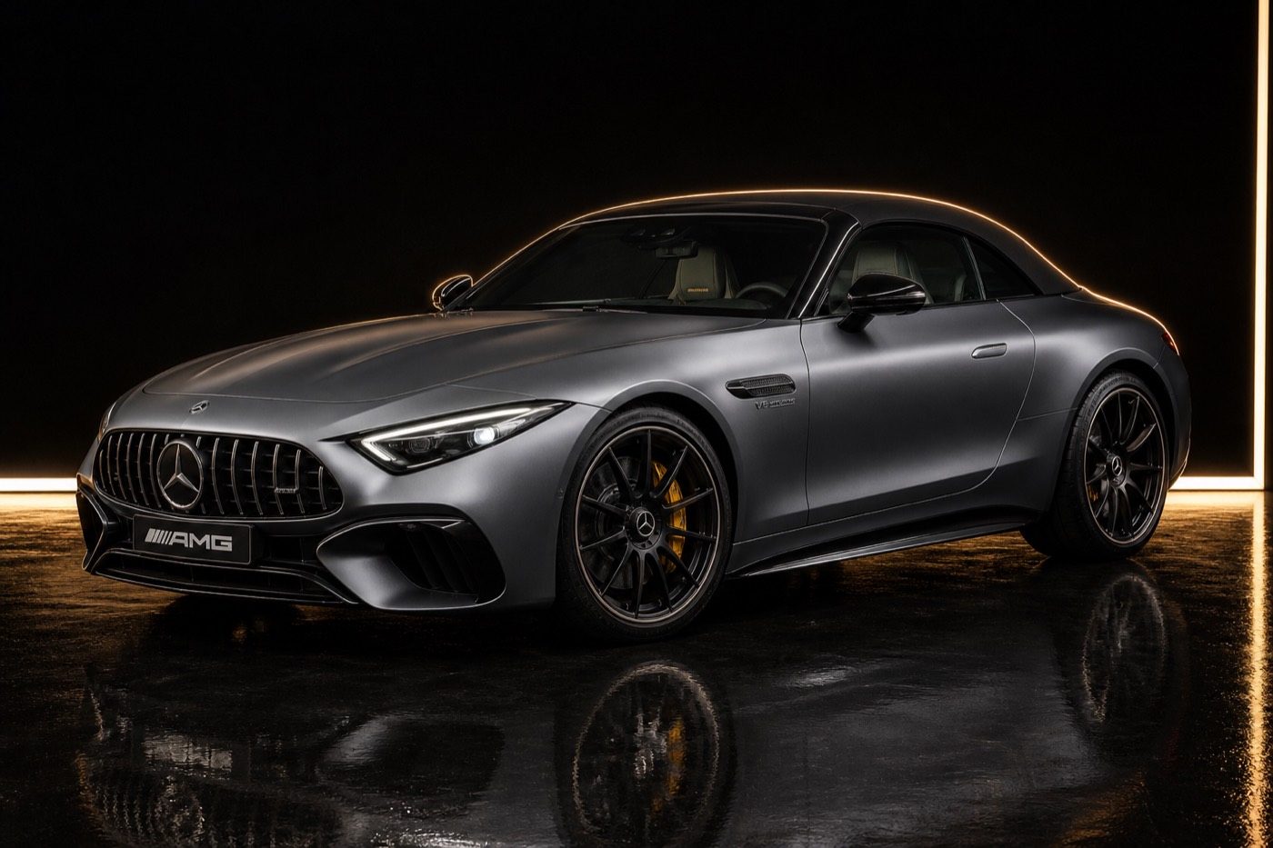 SL63 in a black studio with gold rim light