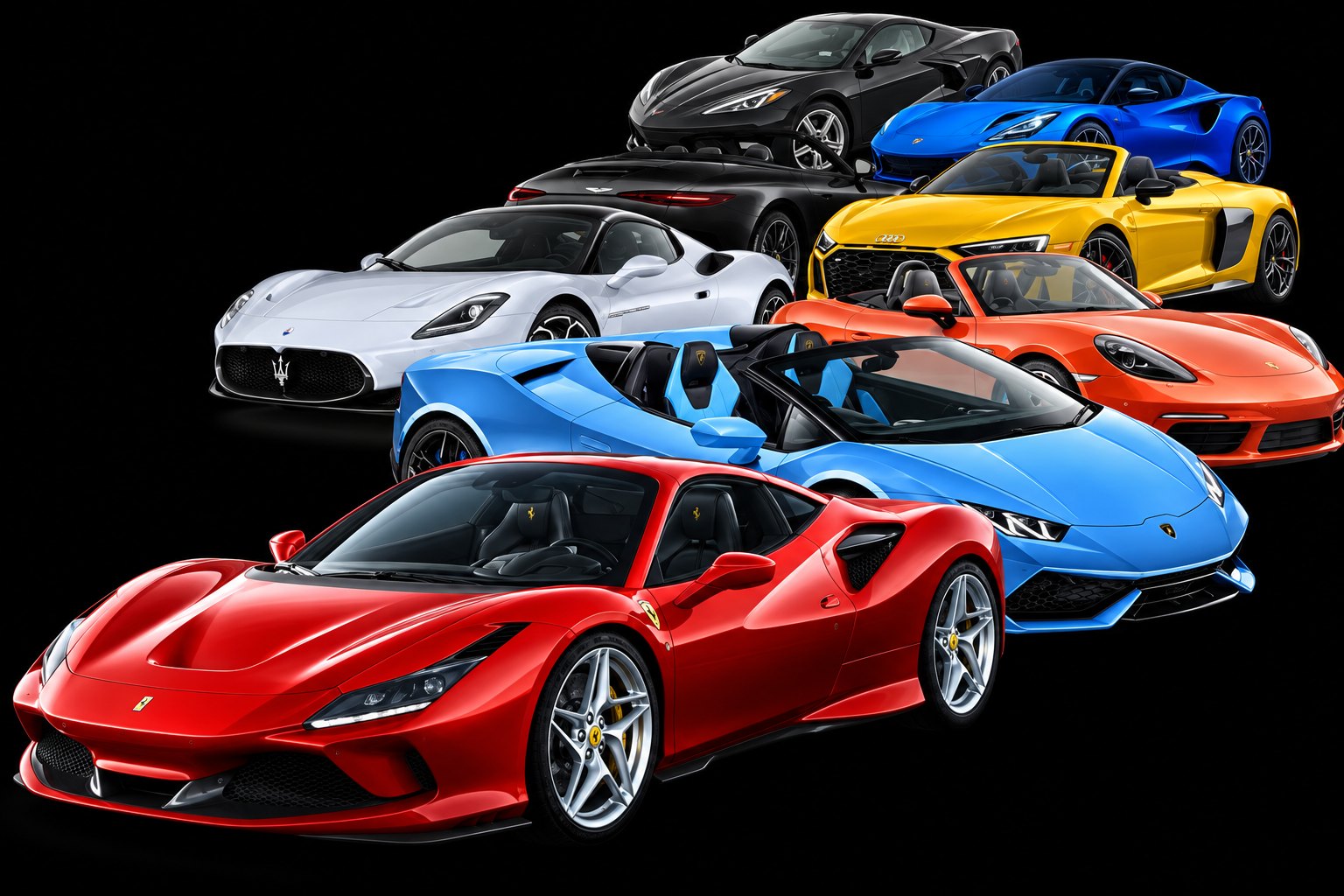 Cars from the rental pool: Ferrari F8 Spider, Lamborghini Huracán, Maserati MC20, Porsche 718, Audi R8 and more