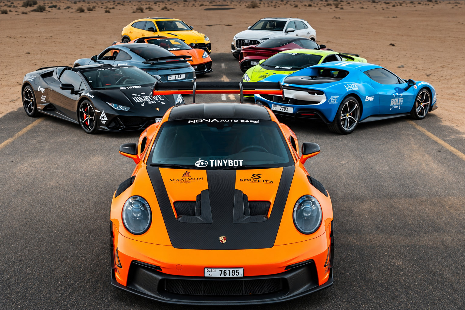 The Highlife convoy: a formation of supercars led by an orange Porsche 911 GT3 RS on a desert road