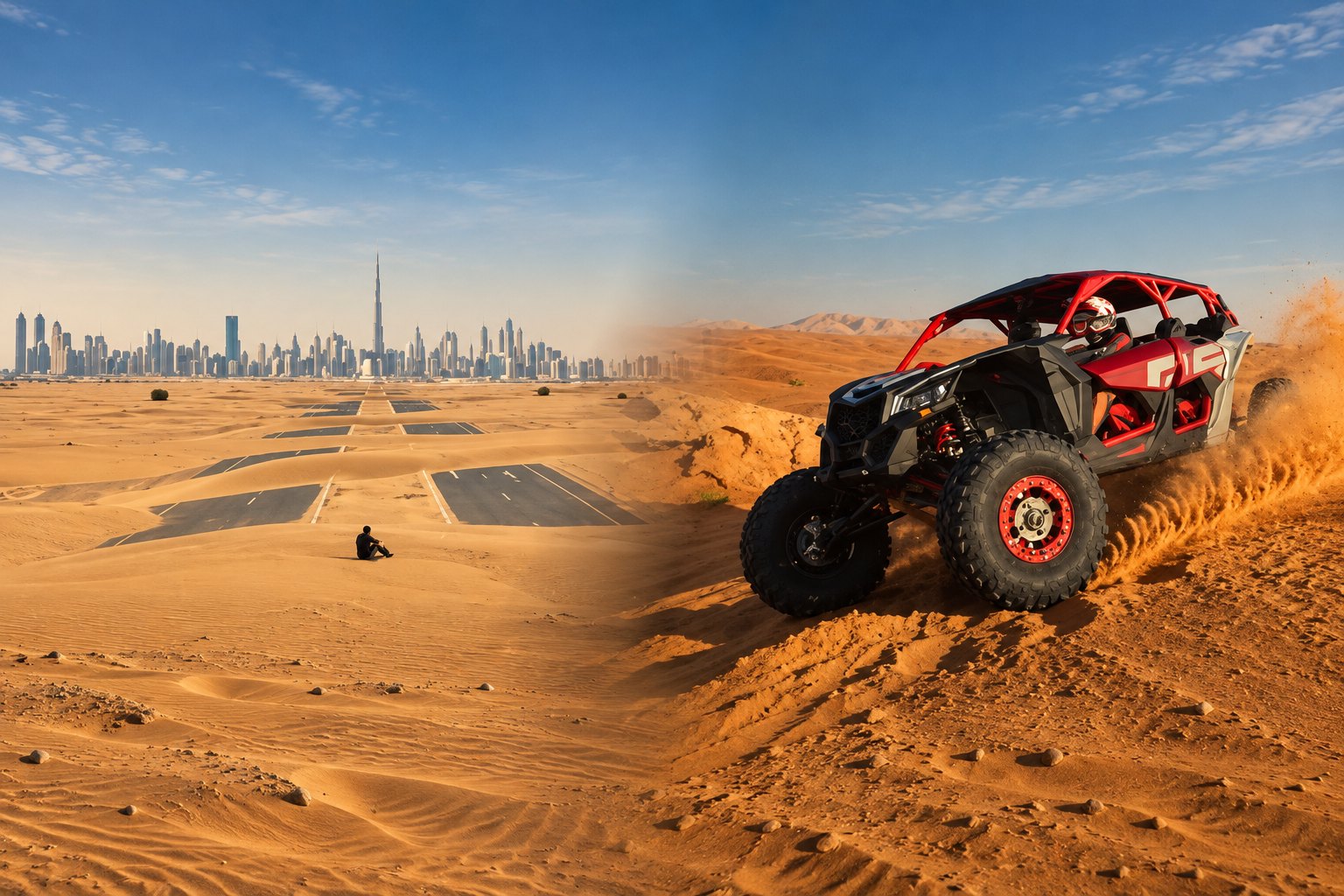 Half Desert Road with the Dubai skyline, and a dune buggy in the sand