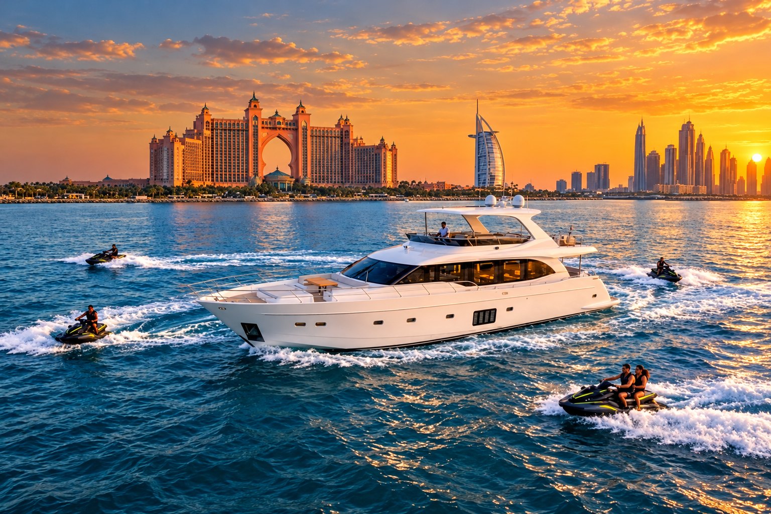 Yacht with jetskis off the Palm at sunset, Atlantis and Burj Al Arab behind