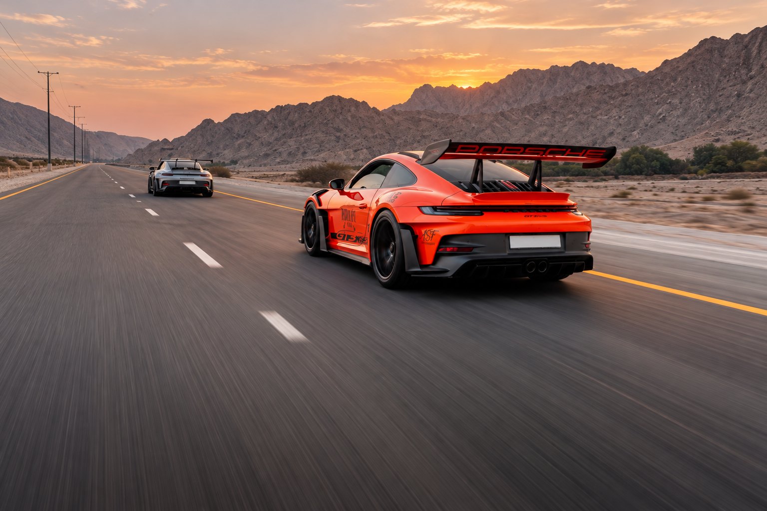 An orange Porsche 911 GT3 RS on the mountain road toward Jebel Jais at dusk