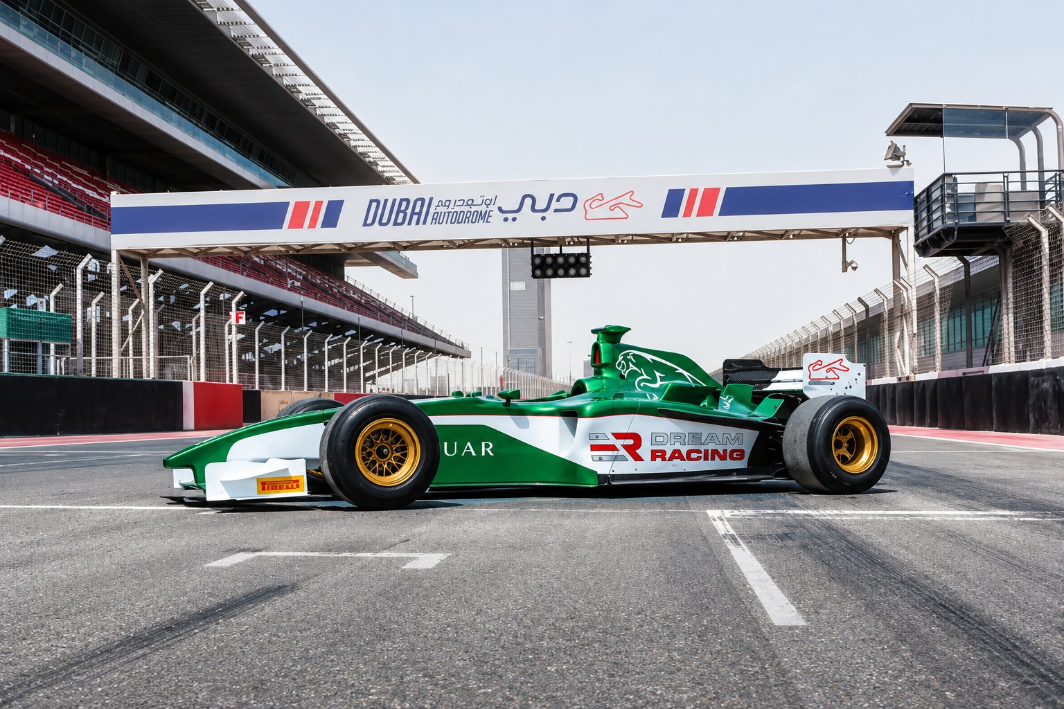 A Formula car on the pit straight at Dubai Autodrome
