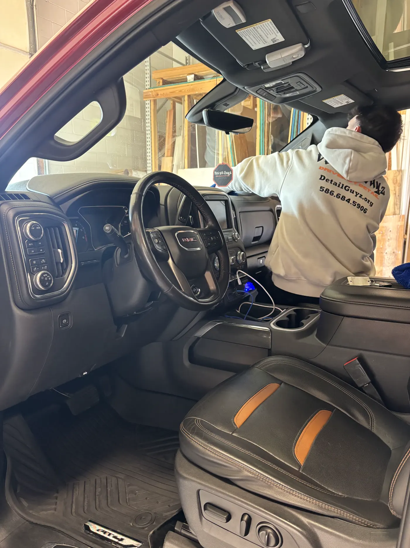 Interior detail in progress inside a pickup