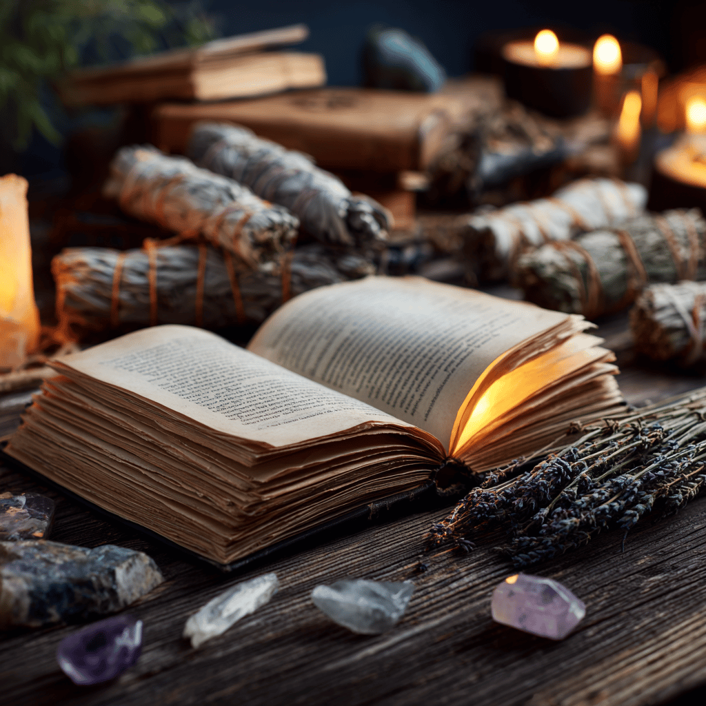 Book of spells with candles and sacred objects