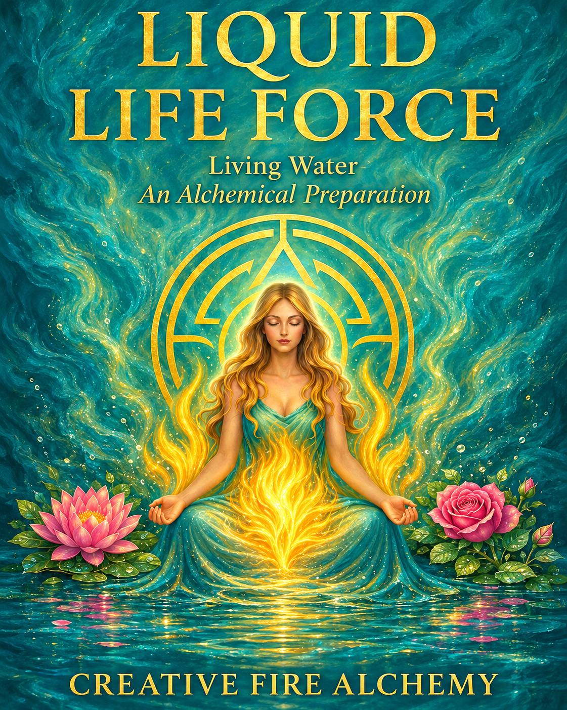 Liquid Life Force artwork in teal and sacred gold