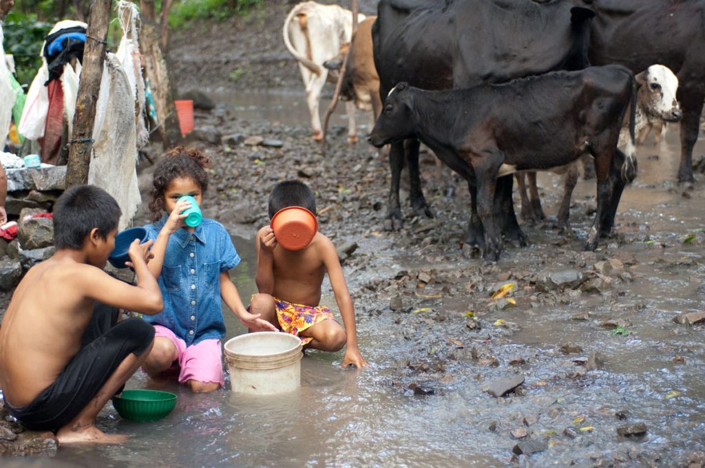Children drinking water from the bucket