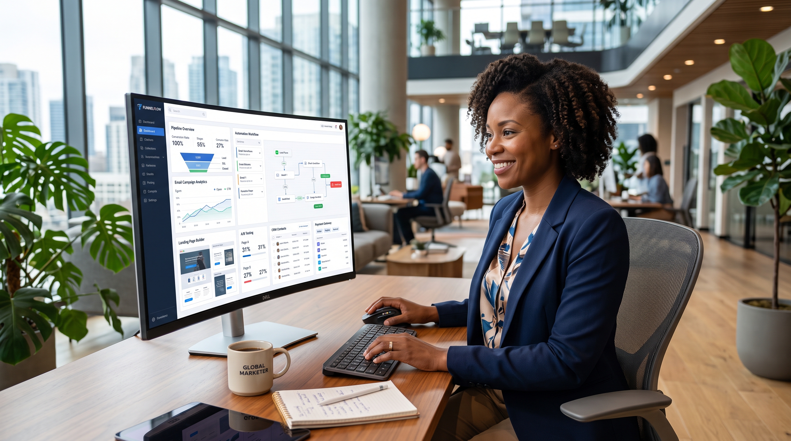 Digital marketing professional managing CRM, email automation, analytics, and lead generation from a website funnel builder dashboard.