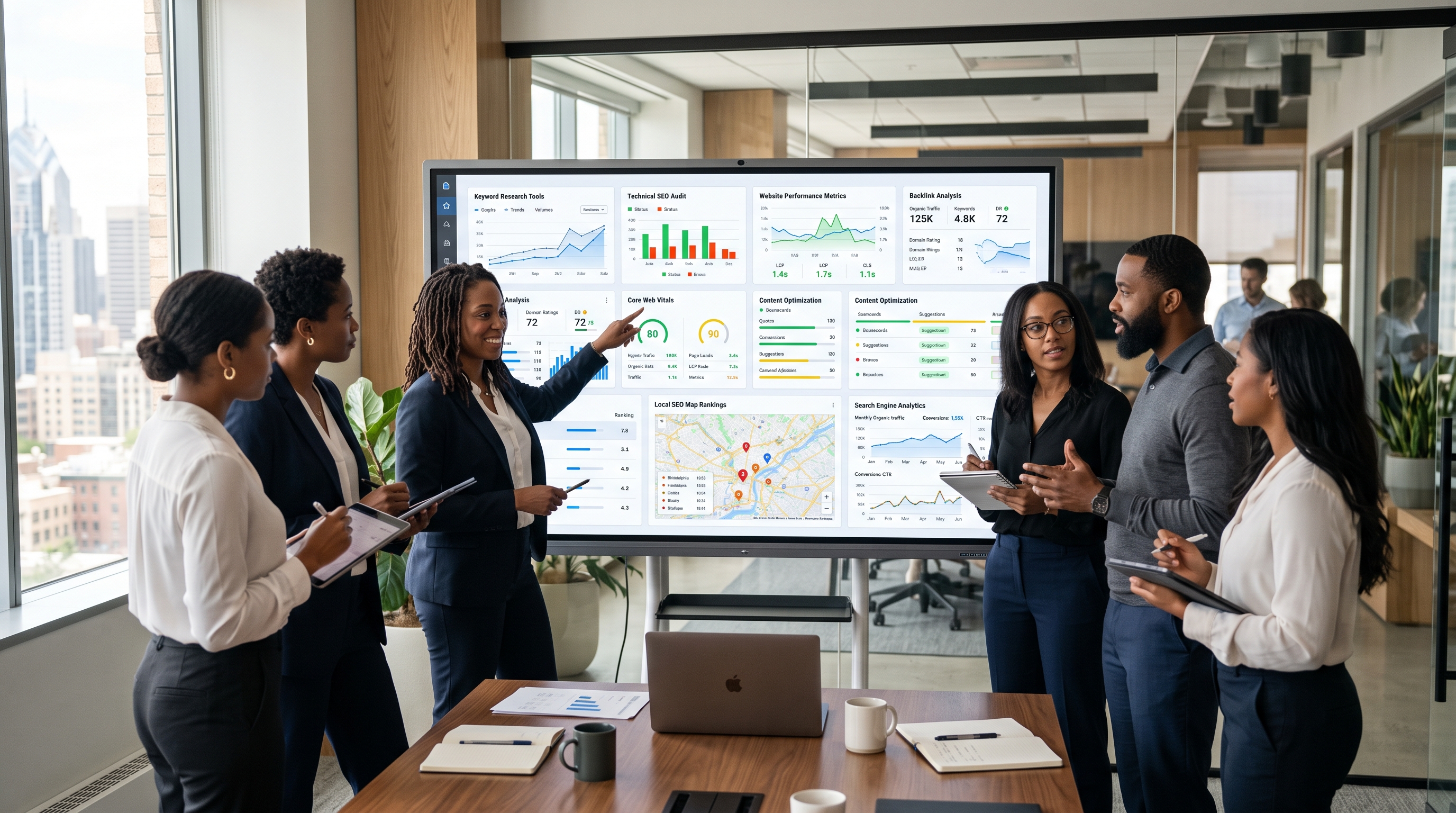 Digital marketing team performing keyword research, technical SEO audit, content optimization, and website performance analysis. Digital marketing team performing keyword research, technical SEO audit, content optimization, and website performance analysis.
