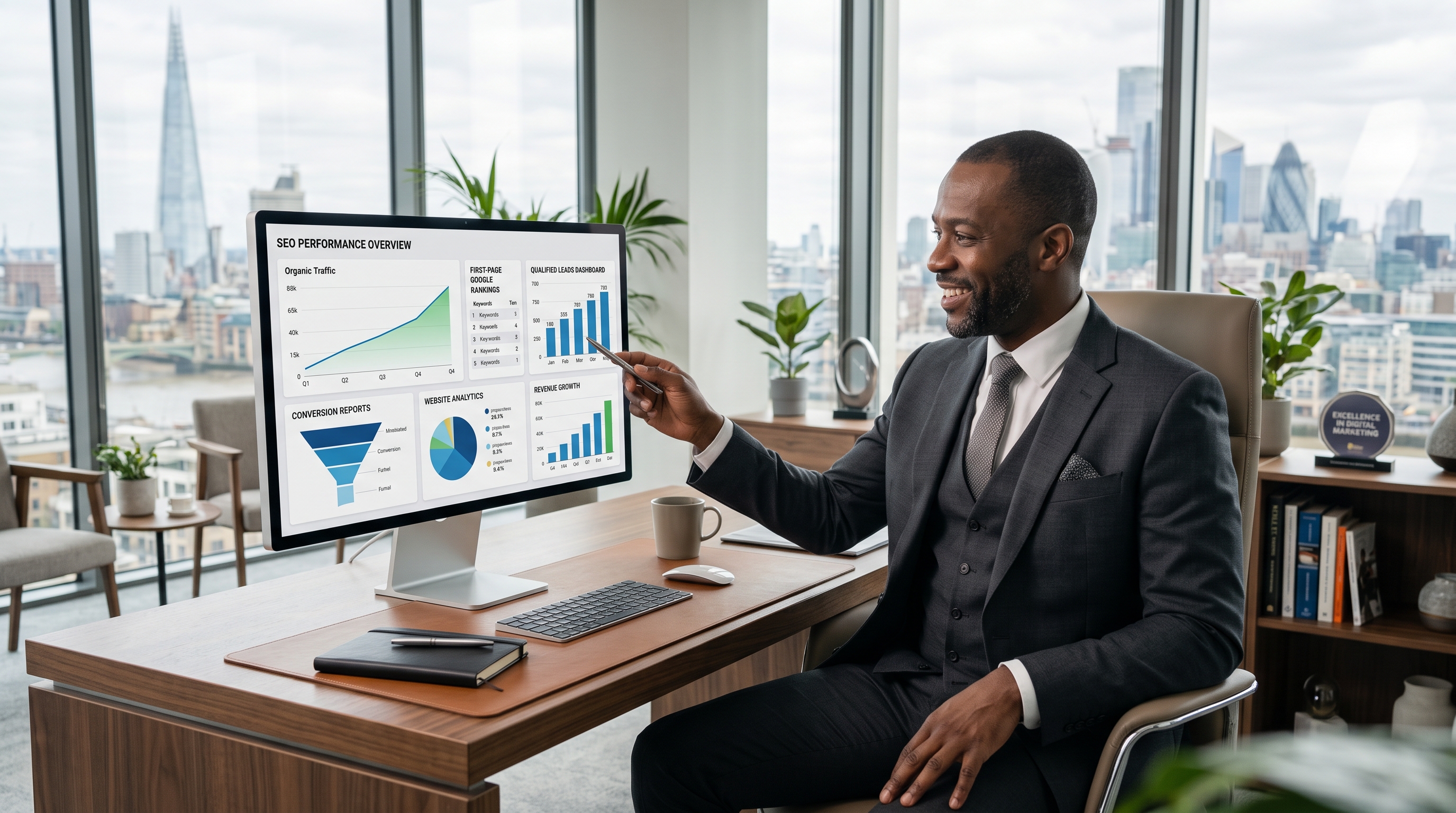 Business owner celebrating increased organic traffic, higher Google rankings, and growing revenue through professional SEO services. Business owner celebrating increased organic traffic, higher Google rankings, and growing revenue through professional SEO services.