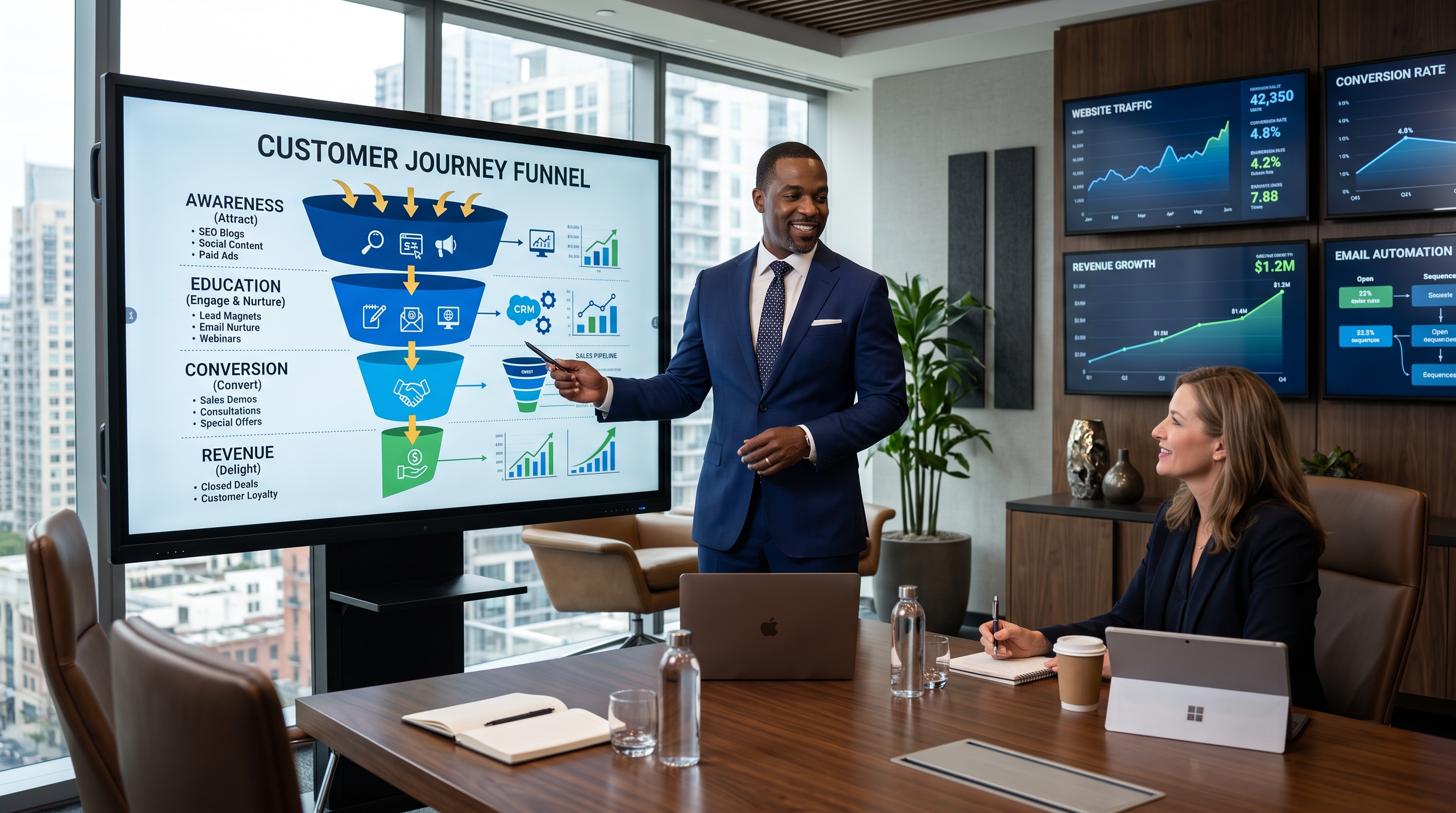Black business consultant explaining the content marketing buyer journey from awareness to revenue generation. Black business consultant explaining the content marketing buyer journey from awareness to revenue generation.